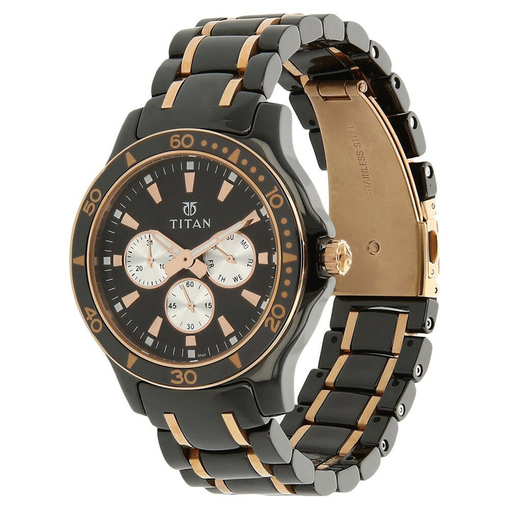 Titan Quartz Multifunction Black Dial Stainless Steel & Ceramic Strap Watch for Men-90020KD02