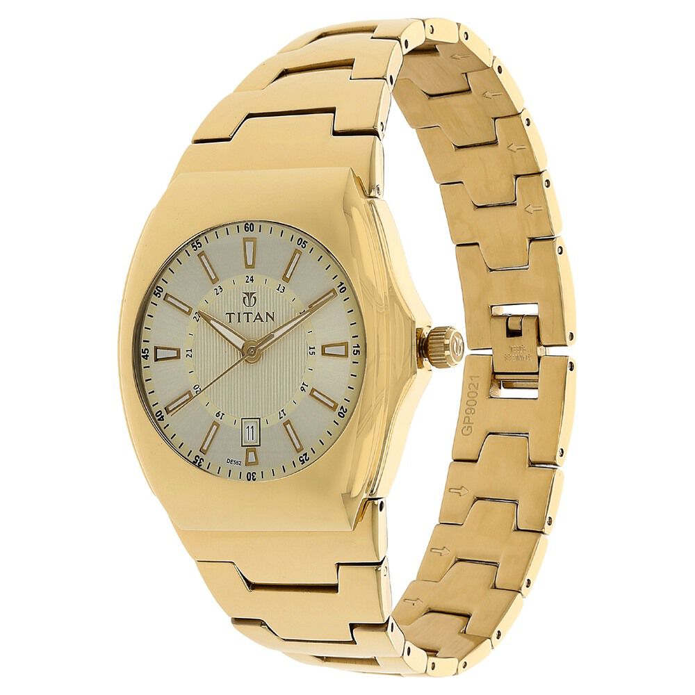 Titan Quartz Analog with Date Champagne Dial Stainless Steel Strap Watch for Men-90021YM03J