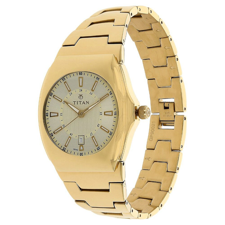 Titan Quartz Analog with Date Champagne Dial Stainless Steel Strap Watch for Men-90021YM03J