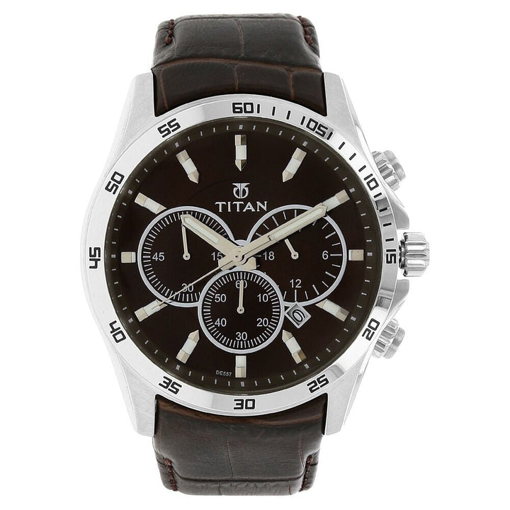 Titan Classic Brown Dial Chronograph Leather Strap watch for Men-NH90022SL01E