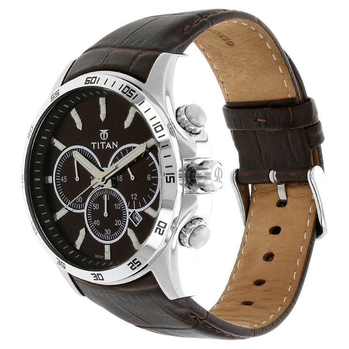 Titan Classic Brown Dial Chronograph Leather Strap watch for Men-NH90022SL01E