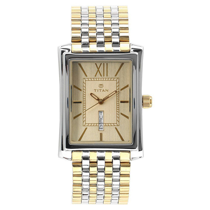 Titan Quartz Analog with Day and Date Champagne Dial Metal Strap Watch for Men-90023BM02A