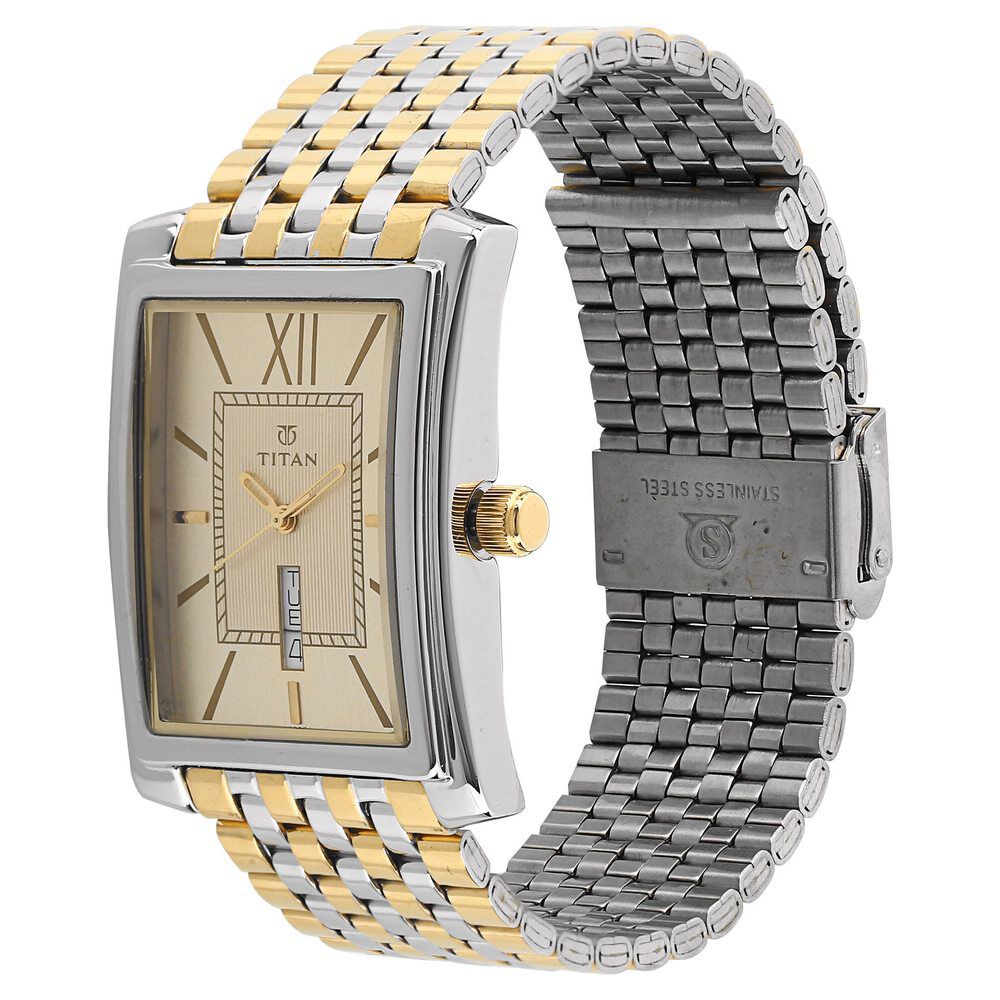Titan Quartz Analog with Day and Date Champagne Dial Metal Strap Watch for Men-90023BM02A
