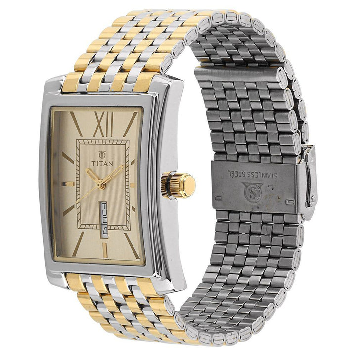 Titan Quartz Analog with Day and Date Champagne Dial Metal Strap Watch for Men-90023BM02A