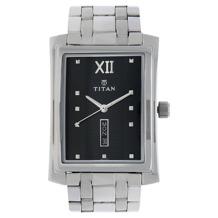 Titan Rectangle Black Dial Analog with Day and Date Stainless Steel Strap Watch for Men-NH90023SM01