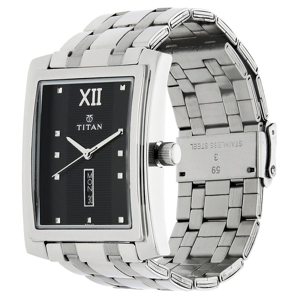 Titan Rectangle Black Dial Analog with Day and Date Stainless Steel Strap Watch for Men-NH90023SM01