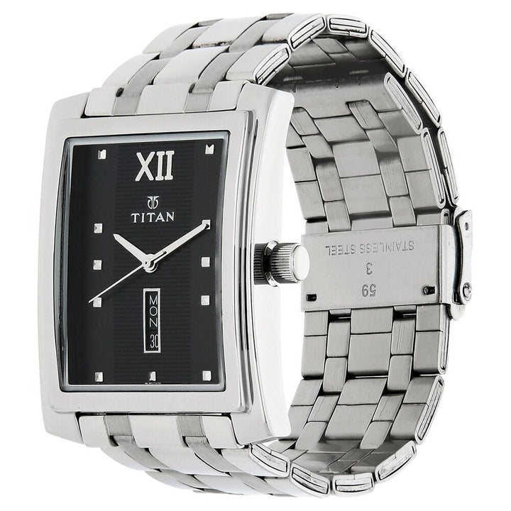 Titan Rectangle Black Dial Analog with Day and Date Stainless Steel Strap Watch for Men-NH90023SM01