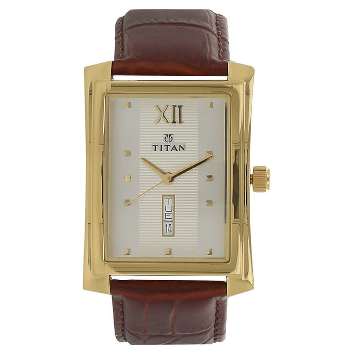Titan Silver Dial Analog with Day and Date Leather Strap watch for Men-NH90023YL01
