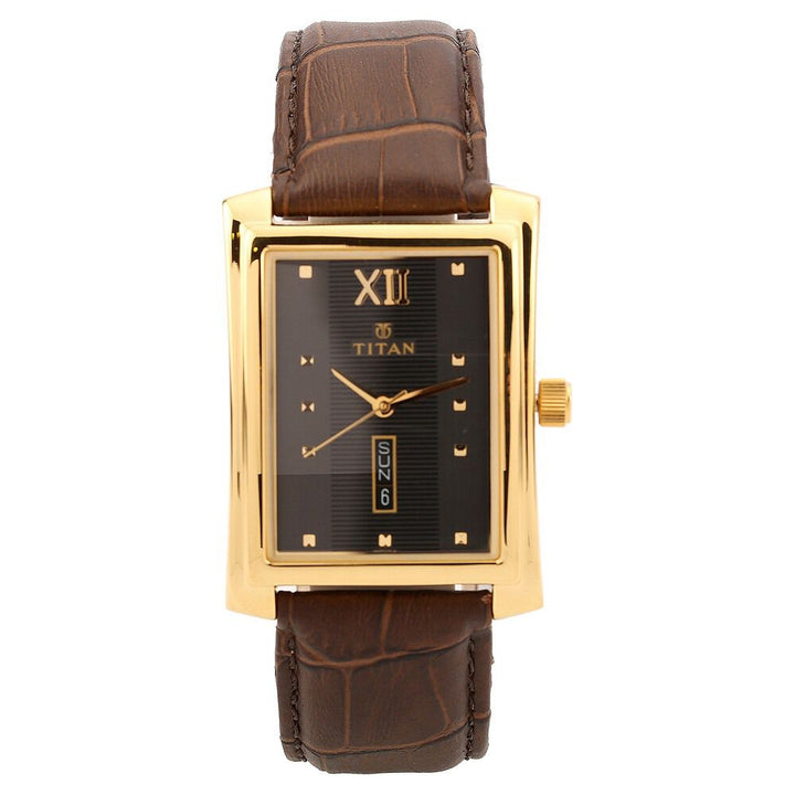 Titan Quartz Analog with Day and Date Black Dial Leather Strap Watch for Men-90023YL02