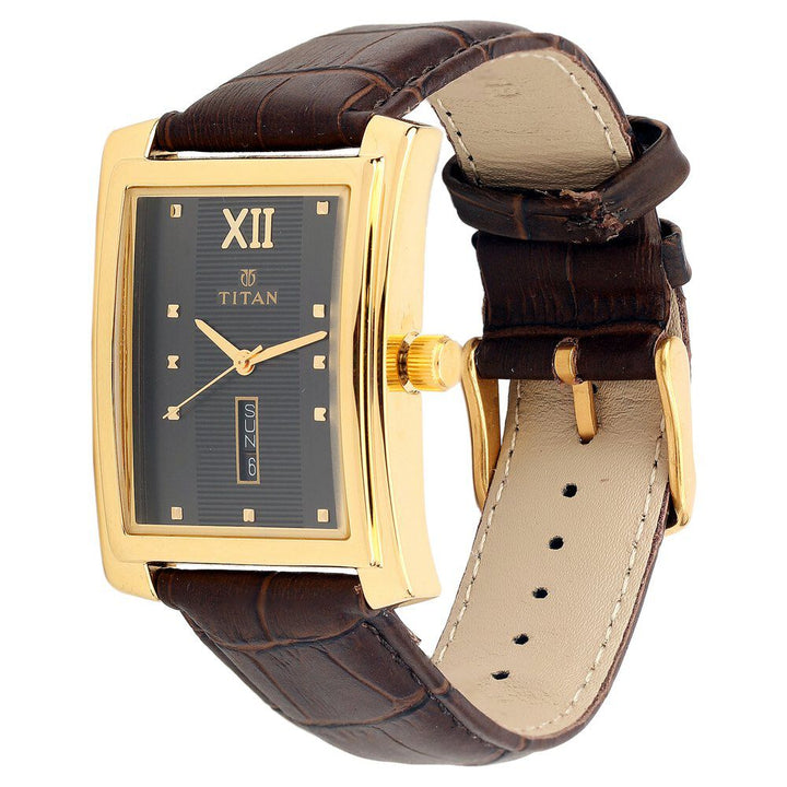 Titan Quartz Analog with Day and Date Black Dial Leather Strap Watch for Men-90023YL02