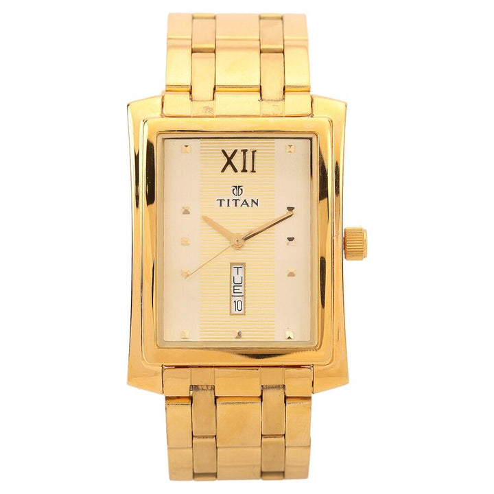 Titan Quartz Analog with Day and Date Champagne Dial Stainless Steel Strap Watch for Men-90023YM07