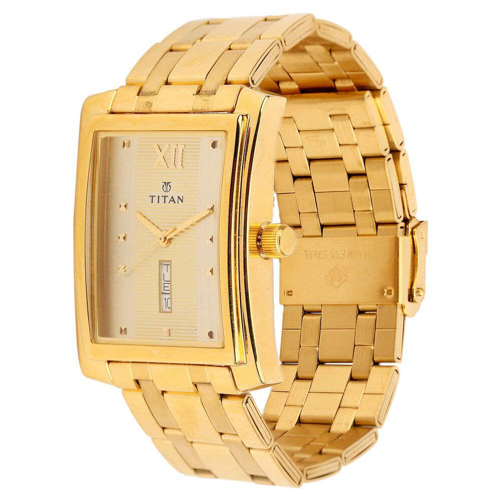 Titan Quartz Analog with Day and Date Champagne Dial Stainless Steel Strap Watch for Men-90023YM07