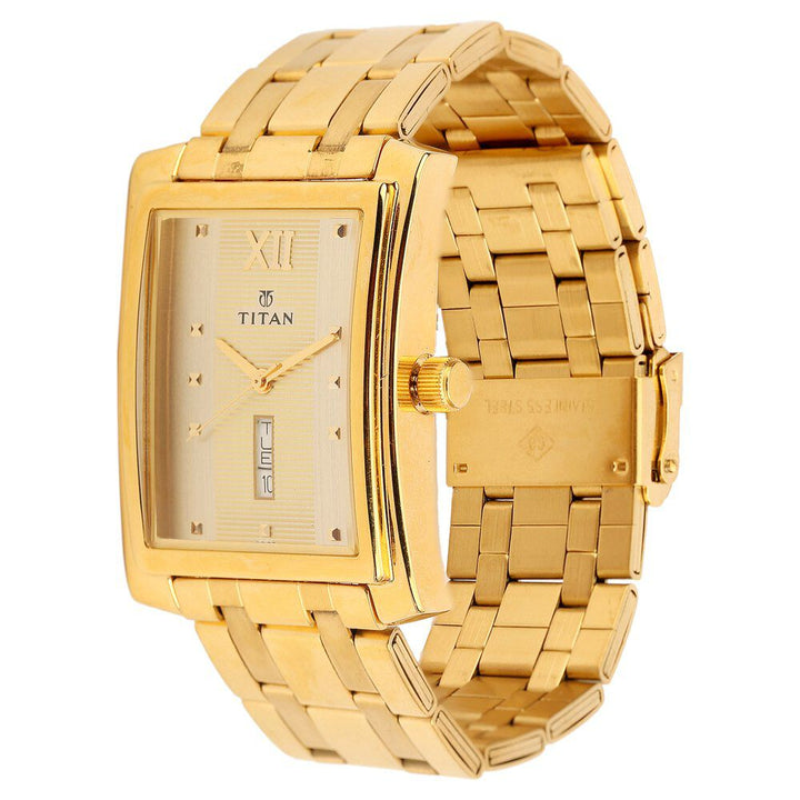 Titan Quartz Analog with Day and Date Champagne Dial Stainless Steel Strap Watch for Men-90023YM07