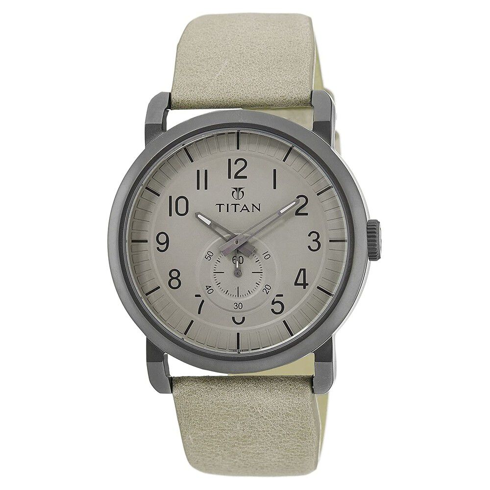 Titan Quartz Analog Grey Dial Leather Strap Watch for Men-90025QL01