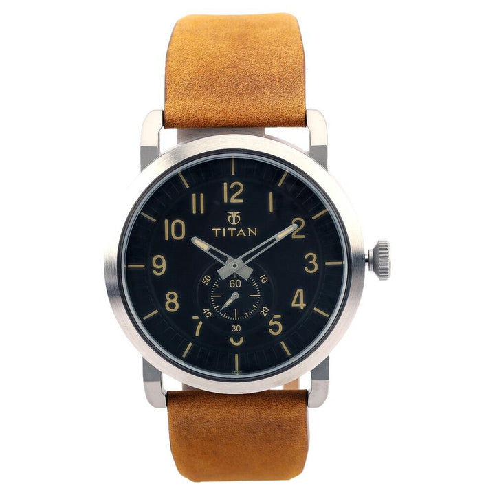 Titan Quartz Analog Black Dial Leather Strap Watch for Men-90025SL01
