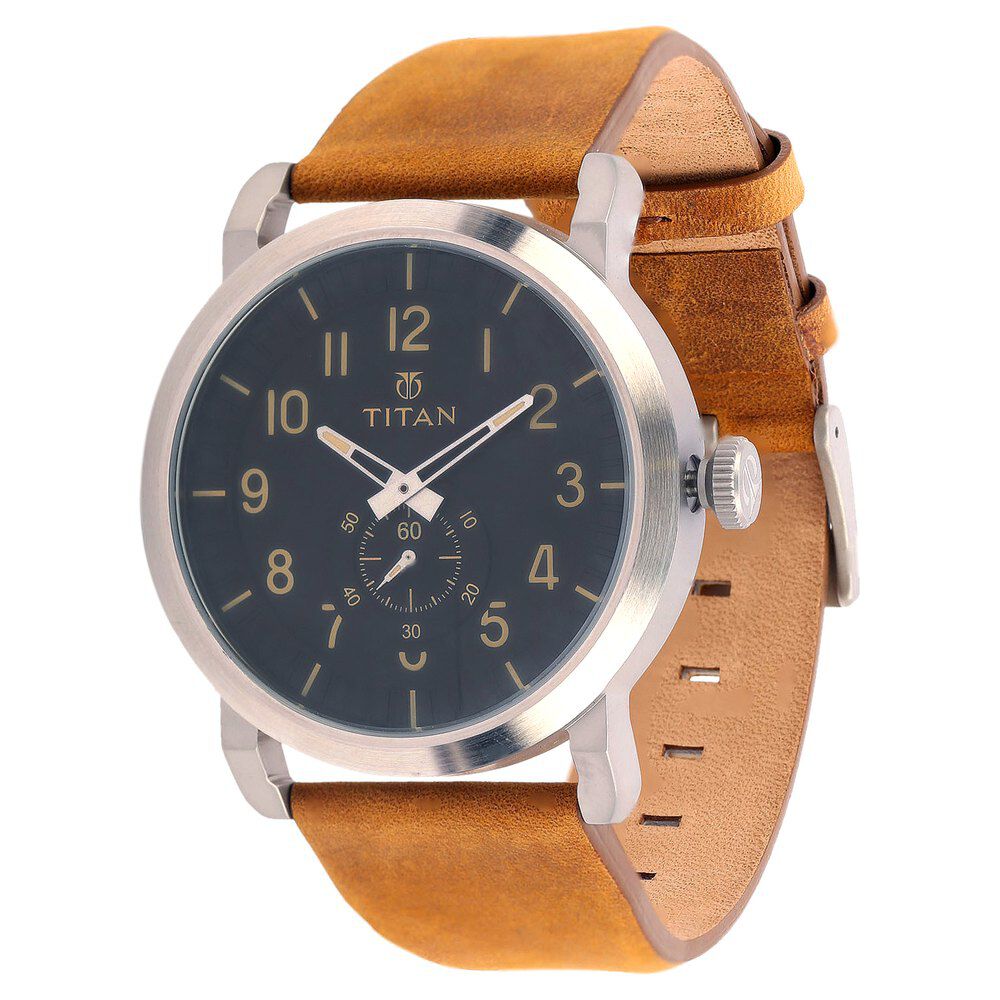 Titan Quartz Analog Black Dial Leather Strap Watch for Men-90025SL01