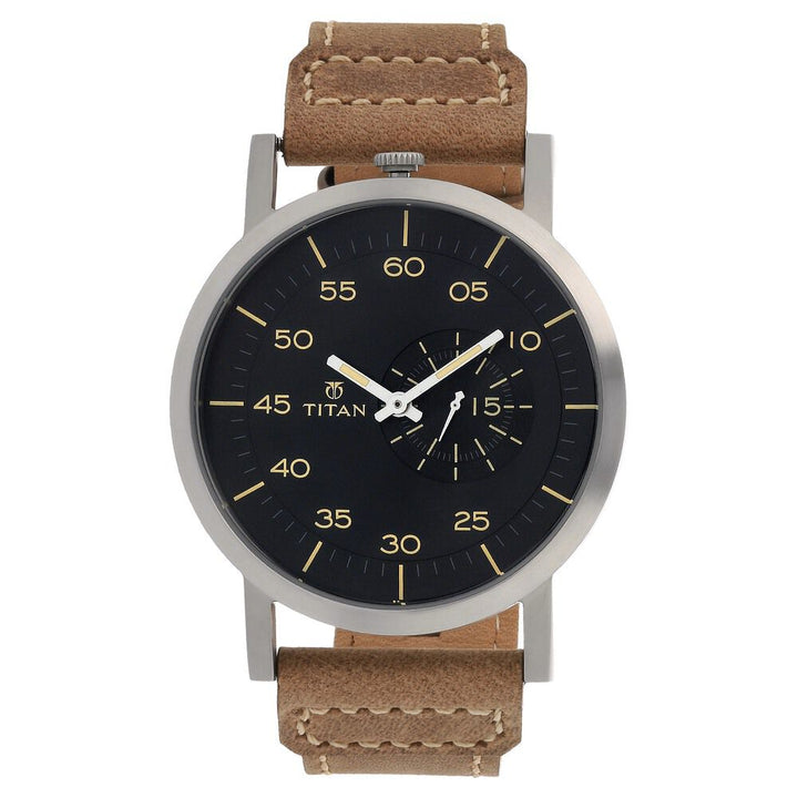 Titan Quartz Analog Black Dial Leather Strap Watch for Men-90026SL01J