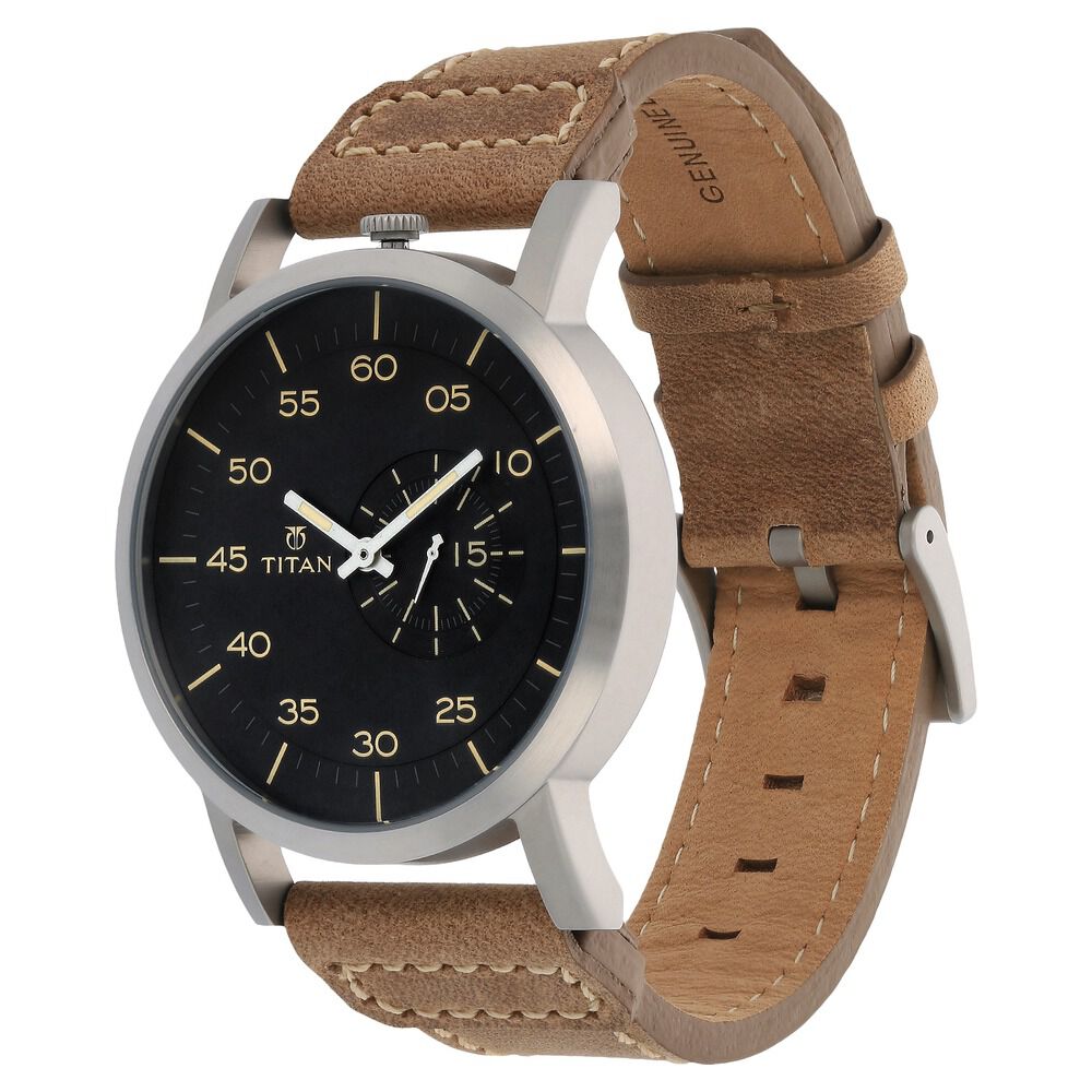 Titan Quartz Analog Black Dial Leather Strap Watch for Men-90026SL01J