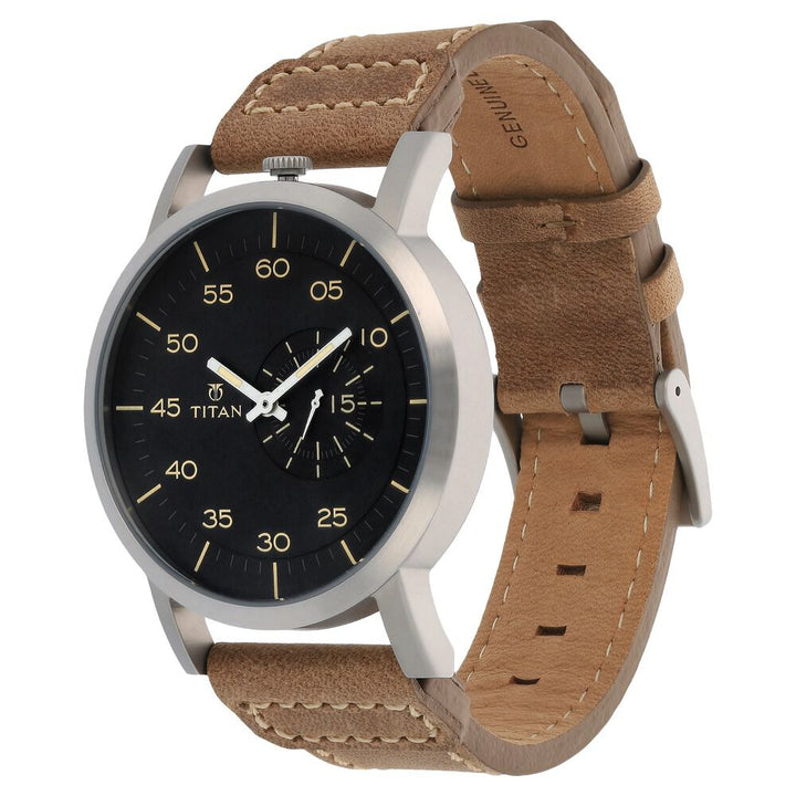 Titan Quartz Analog Black Dial Leather Strap Watch for Men-90026SL01J