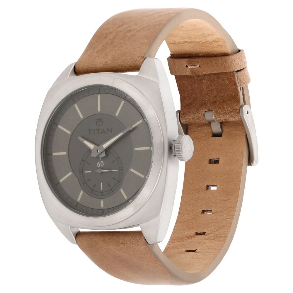Titan Analog Grey Dial Quartz Leather Strap watch for Men-90028SL02J