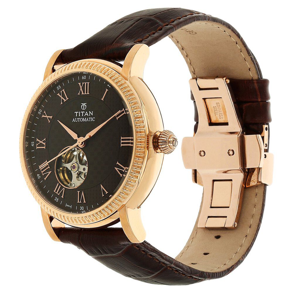 Titan Automatic Brown Dial Leather Strap Watch for Men-NH90032WL01J