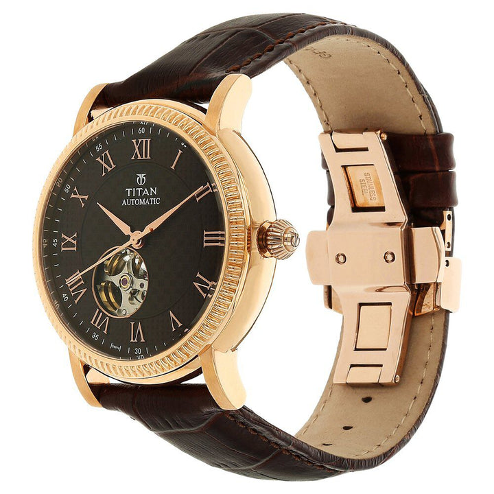 Titan Automatic Brown Dial Leather Strap Watch for Men-NH90032WL01J