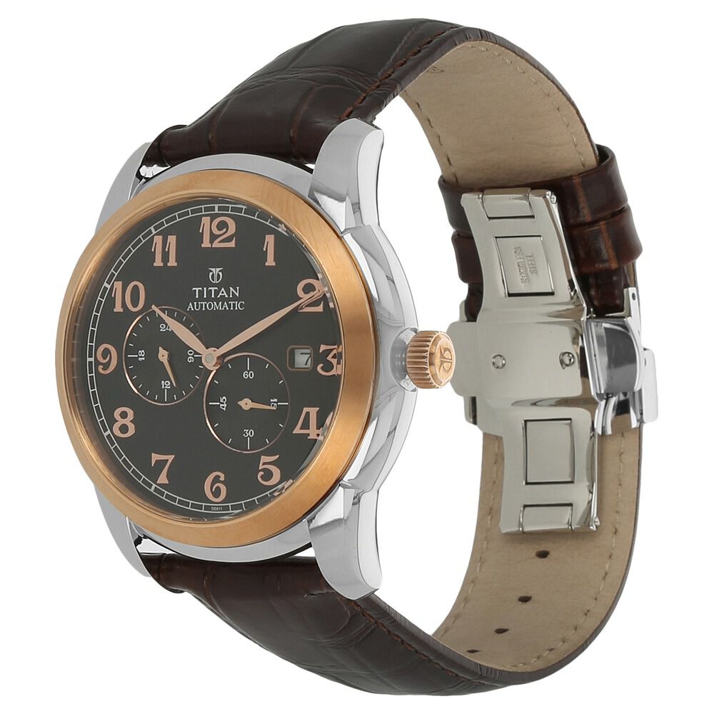 Titan Automatic Black Dial Leather Strap Watch for Men-NH90033KL01J