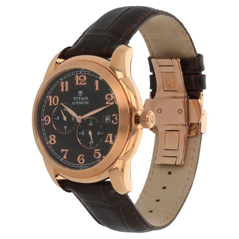 Titan Automatic Brown Dial Leather Strap Watch for Men-NH90033WL01J
