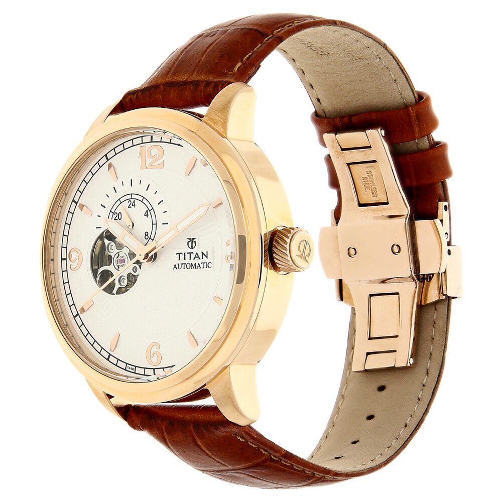 Titan Automatic Dial White Automatic Strap Leather Strap watch for Men-NH90036WL01J