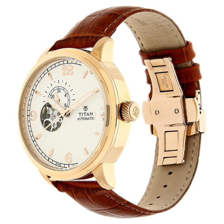 Titan Automatic Dial White Automatic Strap Leather Strap watch for Men-NH90036WL01J