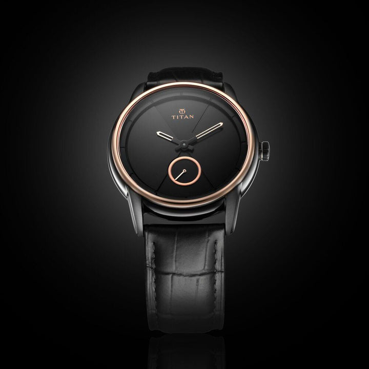 Titan Xerxes Desai Quartz Analog Black Dial Leather Strap Unisex Watch-90037KL01