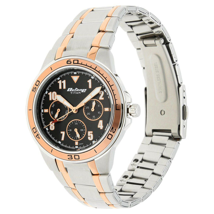 Titan Quartz Multifunction Black Dial Stainless Steel Strap Watch for Men-NS90039KM02