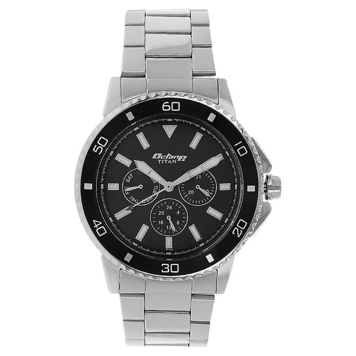 Titan Quartz Multifunction Black Dial Stainless Steel Strap Watch for Men-NM90040KM01