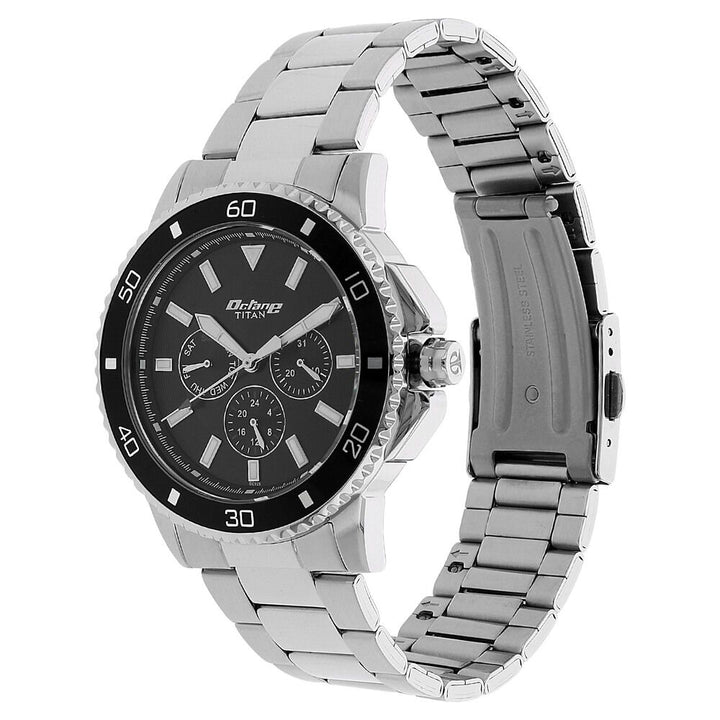Titan Quartz Multifunction Black Dial Stainless Steel Strap Watch for Men-NM90040KM01