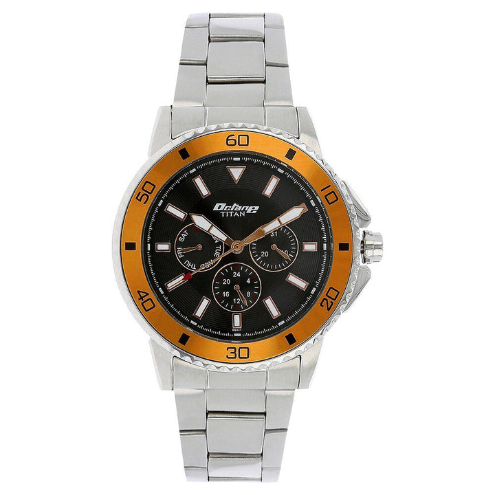 Titan Quartz Multifunction Black Dial Stainless Steel Strap Watch for Men-NM90040KM02