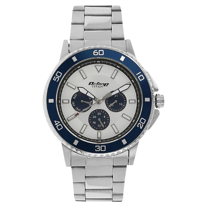 Titan Quartz Multifunction Silver Dial Stainless Steel Strap Watch for Men-NM90040KM03