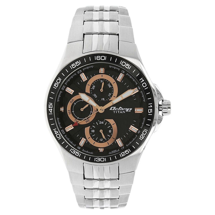 Titan Quartz Multifunction Black Dial Stainless Steel Strap Watch for Men-NM90041KM01