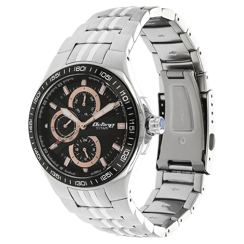 Titan Quartz Multifunction Black Dial Stainless Steel Strap Watch for Men-NM90041KM01