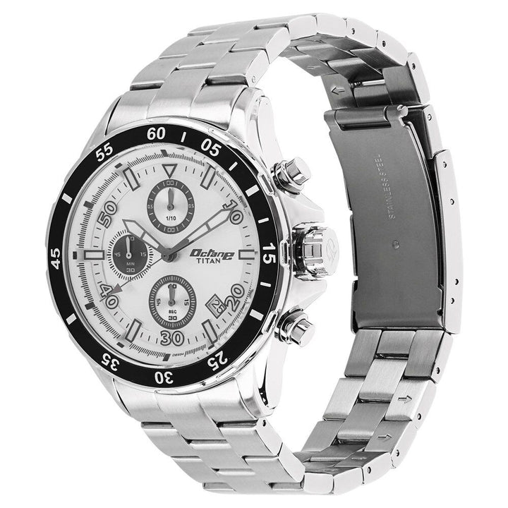 Titan Quartz Chronograph White Dial Metal Strap Watch for Men-90043KM01J