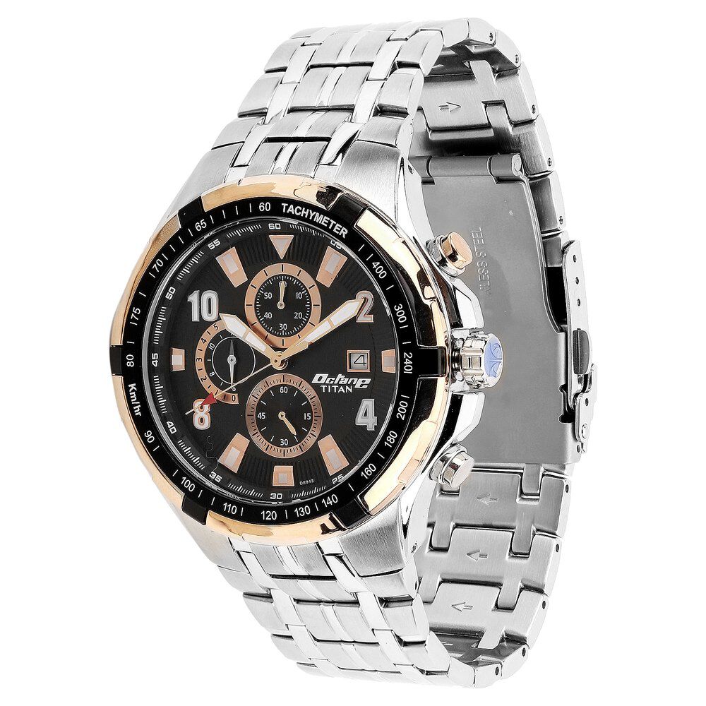 Titan Quartz Chronograph Black Dial Metal Strap Watch for Men-90045KM02J