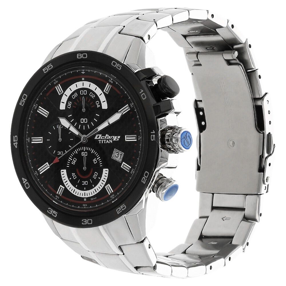 Titan Quartz Chronograph Black Dial Stainless Steel Strap Watch for Men-90046KM02J