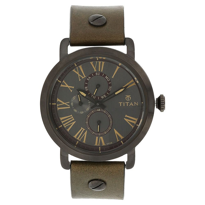 Titan Quartz Multifunction Grey Dial Leather Strap Watch for Men-NJ90049QL01