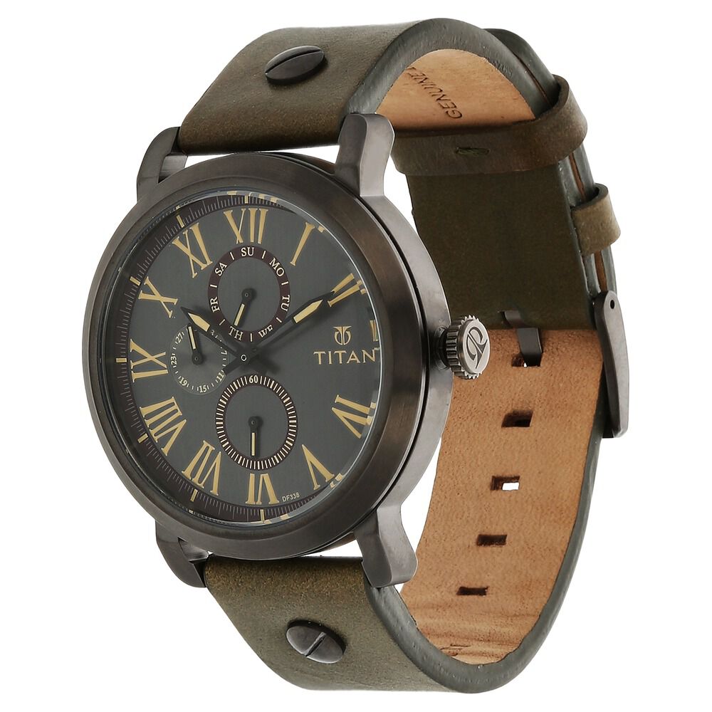 Titan Quartz Multifunction Grey Dial Leather Strap Watch for Men-NJ90049QL01