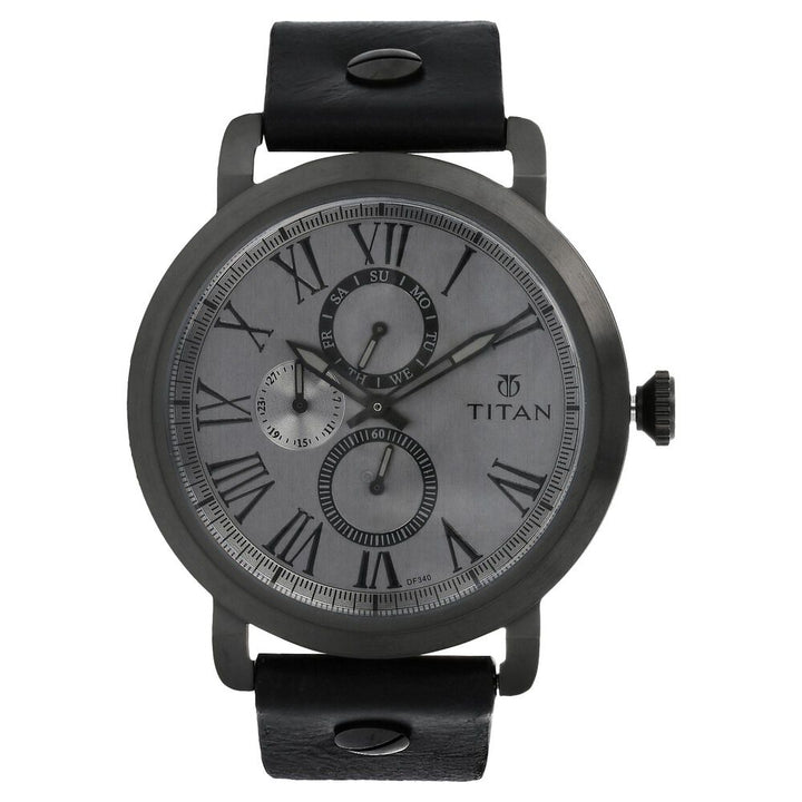 Titan Quartz Multifunction Grey Dial Leather Strap Watch for Men-90049QL02J