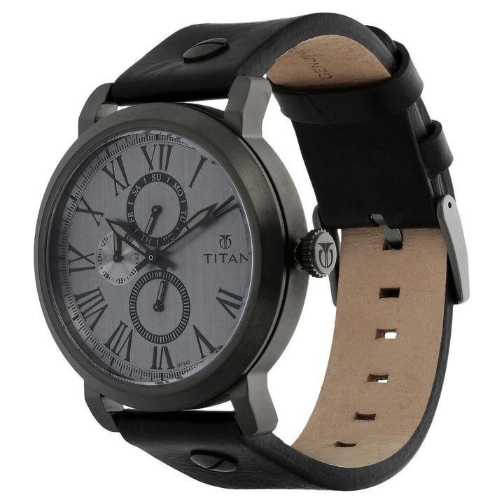 Titan Quartz Multifunction Grey Dial Leather Strap Watch for Men-90049QL02J