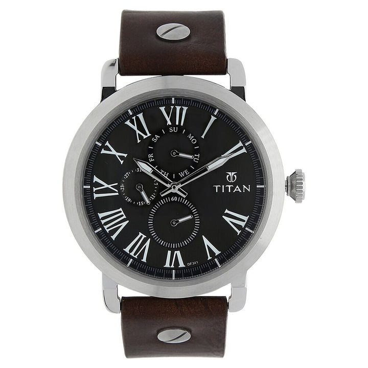 Titan Quartz Multifunction Black Dial Leather Strap Watch for Men-NJ90049SL02