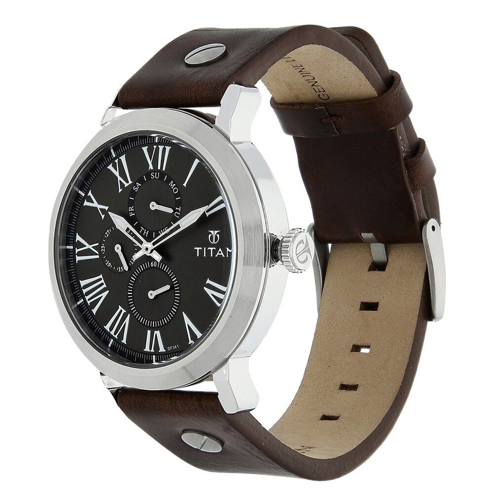 Titan Quartz Multifunction Black Dial Leather Strap Watch for Men-NJ90049SL02