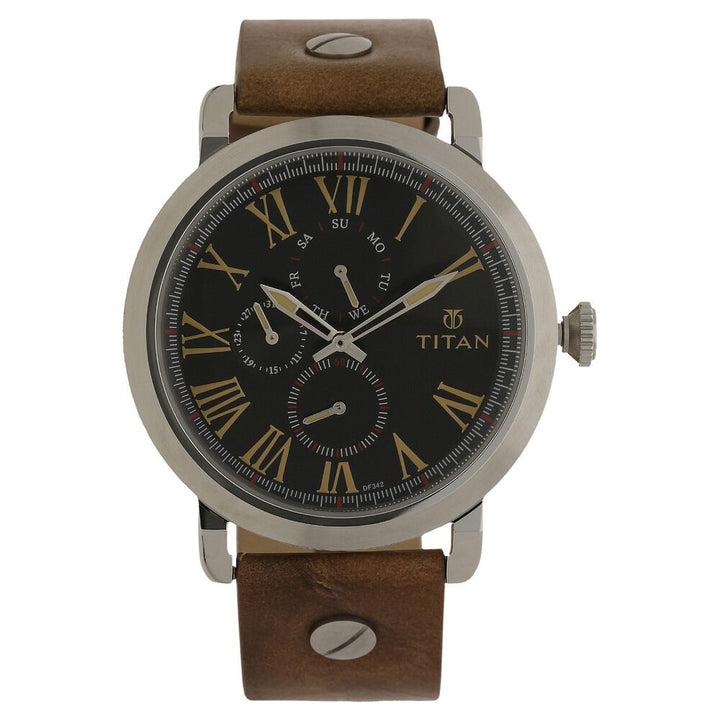 Titan Quartz Multifunction Black Dial Leather Strap Watch for Men-NK90049SL03