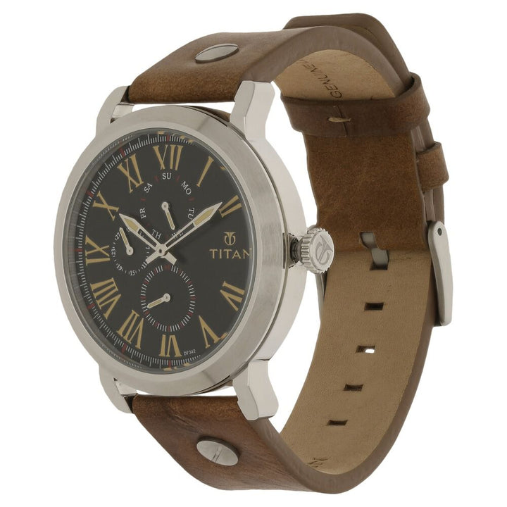 Titan Quartz Multifunction Black Dial Leather Strap Watch for Men-NK90049SL03