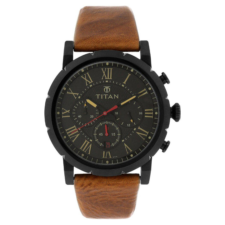 Titan Quartz Analog with Date Black Dial Leather Strap Watch for Men NM90050NL01
